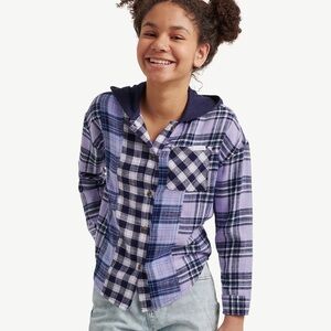 Justice Girls Purple Plaid Flannel Shirt W/ Hood  Patchwork Shacket Size XS 5/6